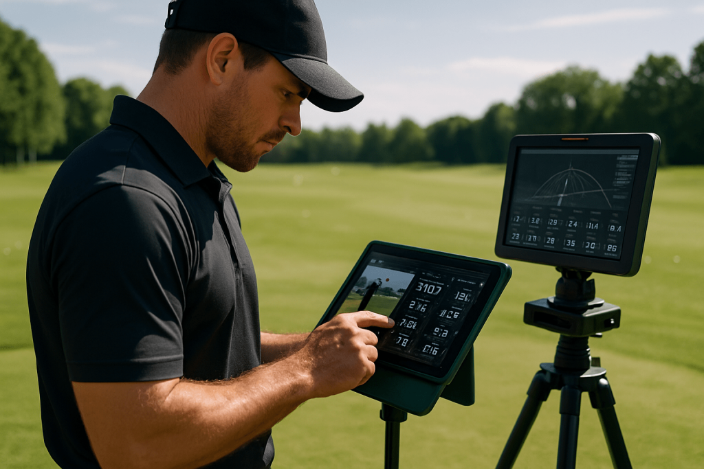 Male golfer in a black shirt and cap analyzing swing data on two tablets mounted on tripods at a driving range.