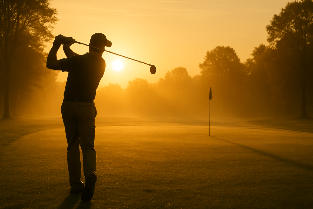 Silhouette of a golfer finishing a swing with the flag in view, bathed in the golden light of sunrise or sunset.