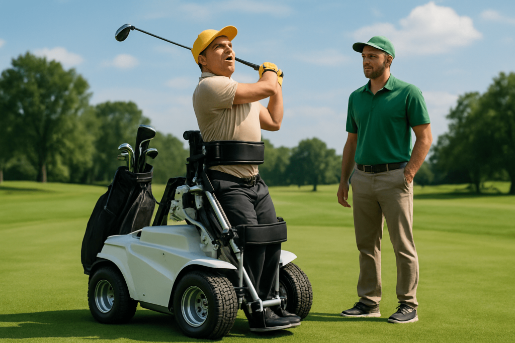 Golfer using an adaptive, motorized golf cart to play, with another golfer watching on a bright, green golf course.