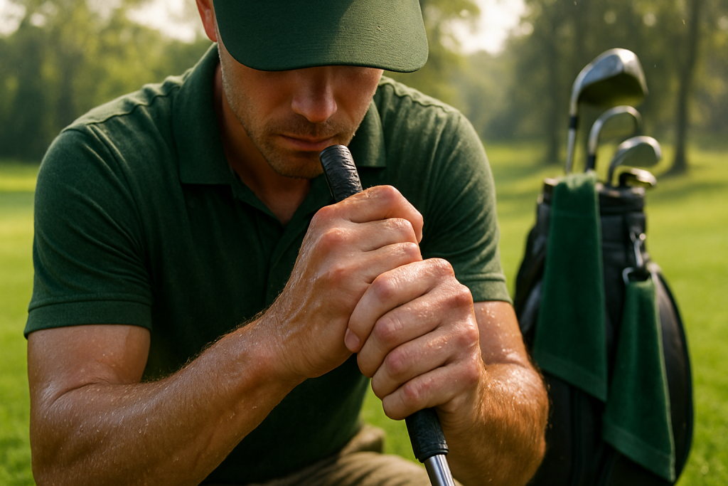 Golfer gripping a club tightly, focusing before taking a shot with golf bag in background.