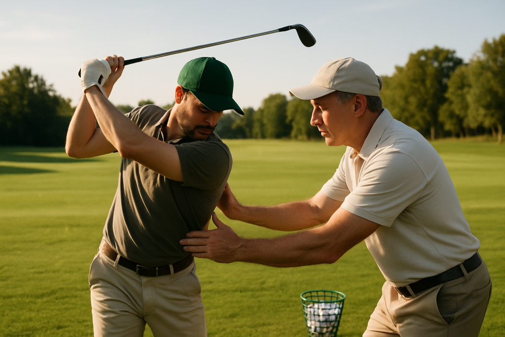 Golf coach assisting a student with swing form on the driving range.