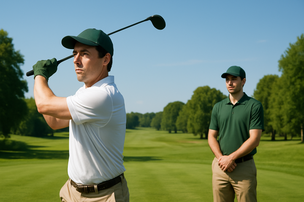 Golfer in white shirt finishing a swing while another golfer watches on a bright Florida fairway.