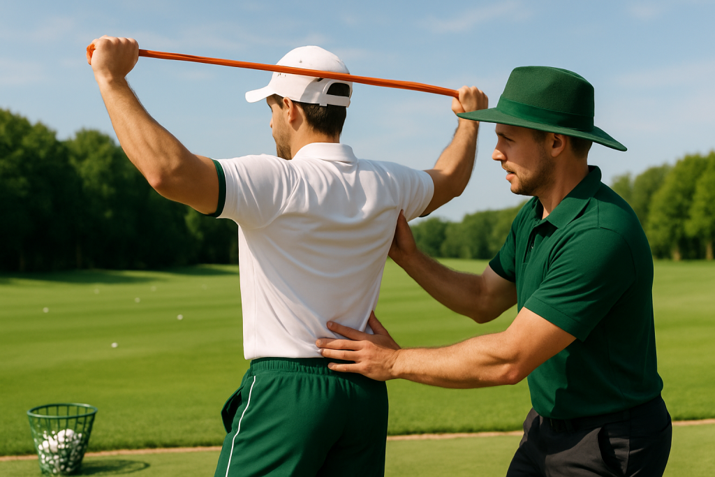 Golf coach correcting a student’s posture with a training stick during practice.