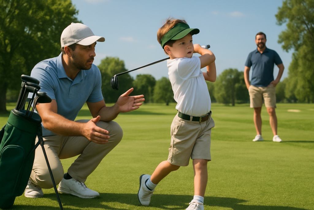 Young child practicing golf swing with instructor while parent watches in background.