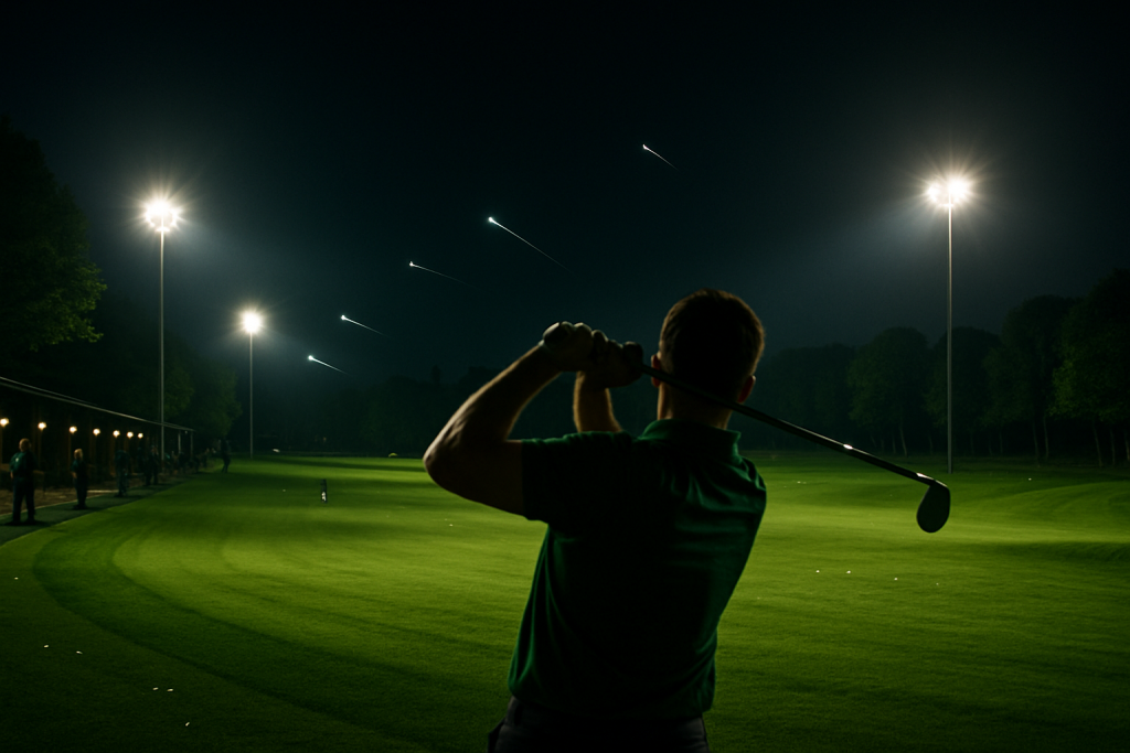 Golfer practicing drives under stadium lights at night.