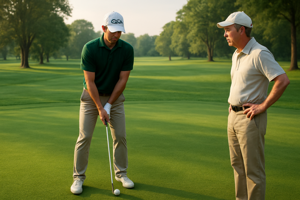 Instructor watching golfer line up a putt during a private lesson.