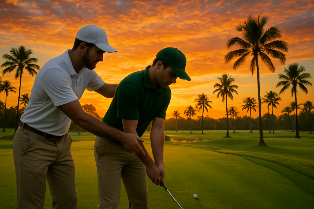 Golf instructor guiding a student’s swing during a sunset lesson on a palm-lined course.