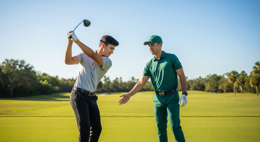 Golf coach giving swing instruction to a student on the course.