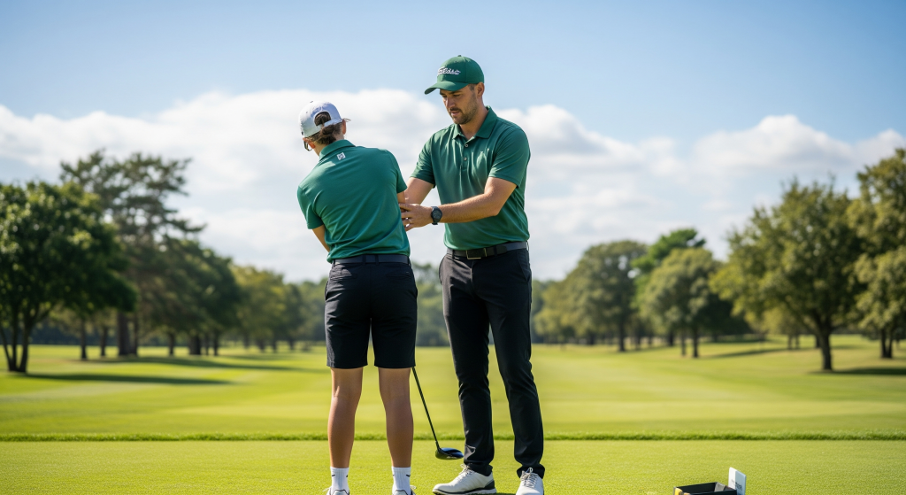 Golf instructor helping a young student adjust their grip and stance.