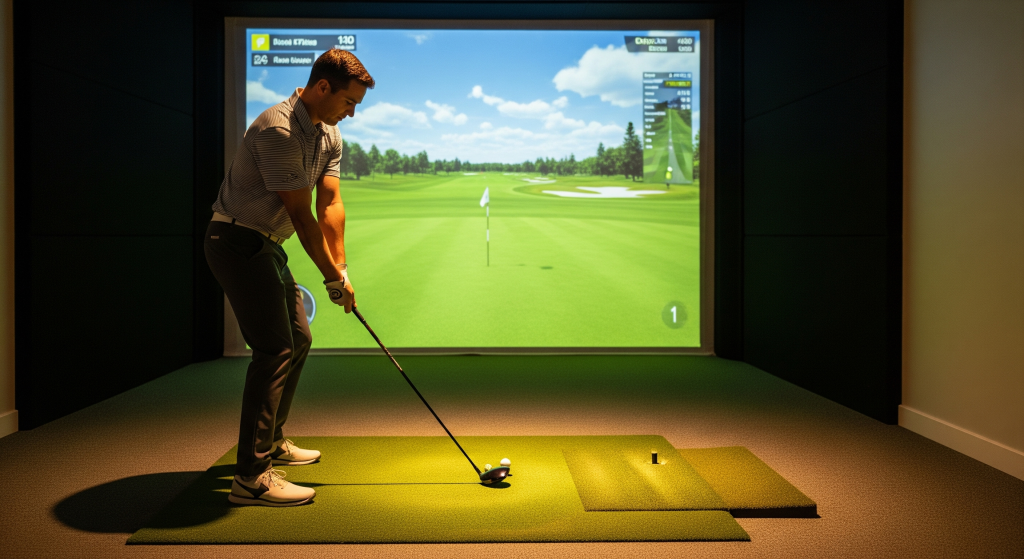 Golfer practicing on an indoor golf simulator with a virtual fairway.