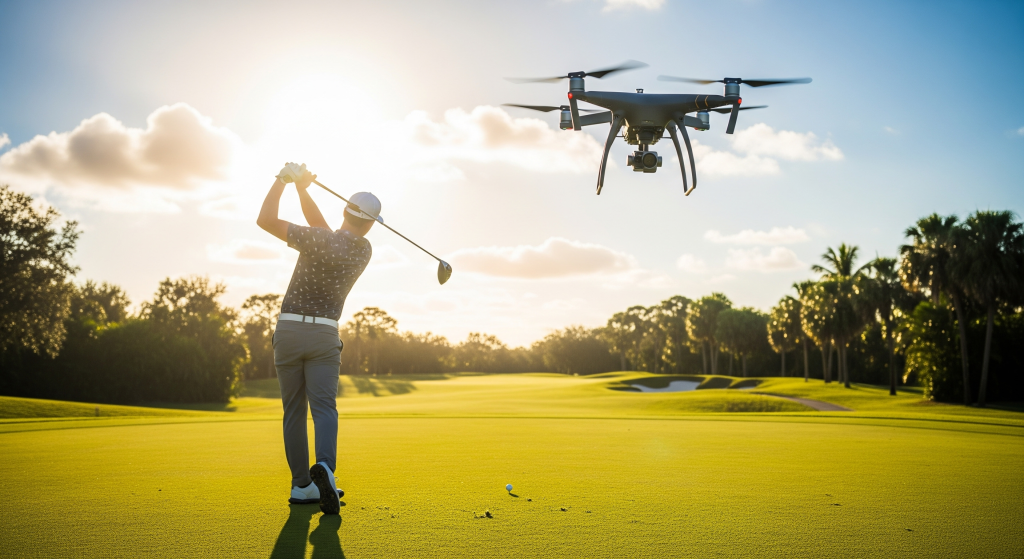 Golfer swinging driver on a sunny fairway with a drone capturing footage overhead.