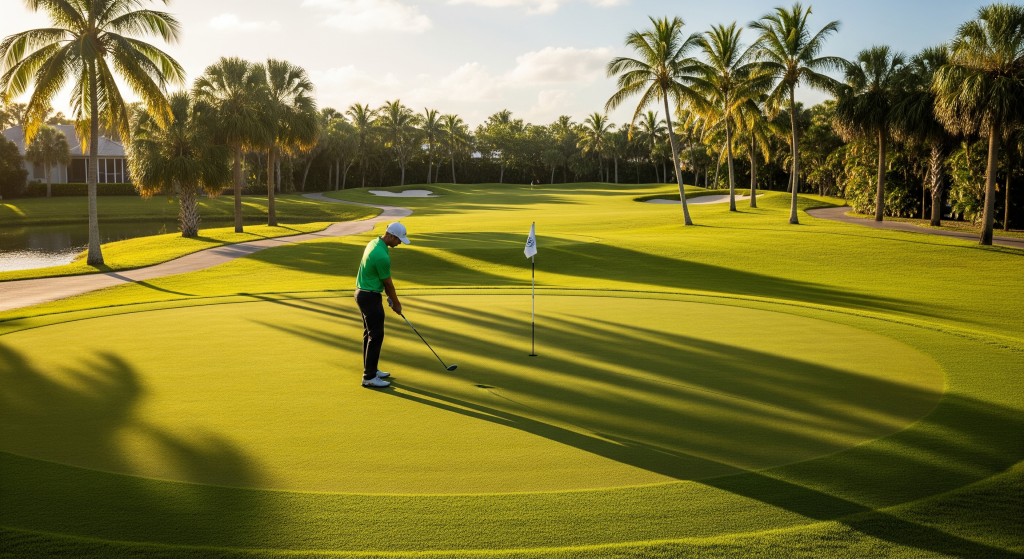 Golfer putting on a well-manicured green surrounded by palm trees.