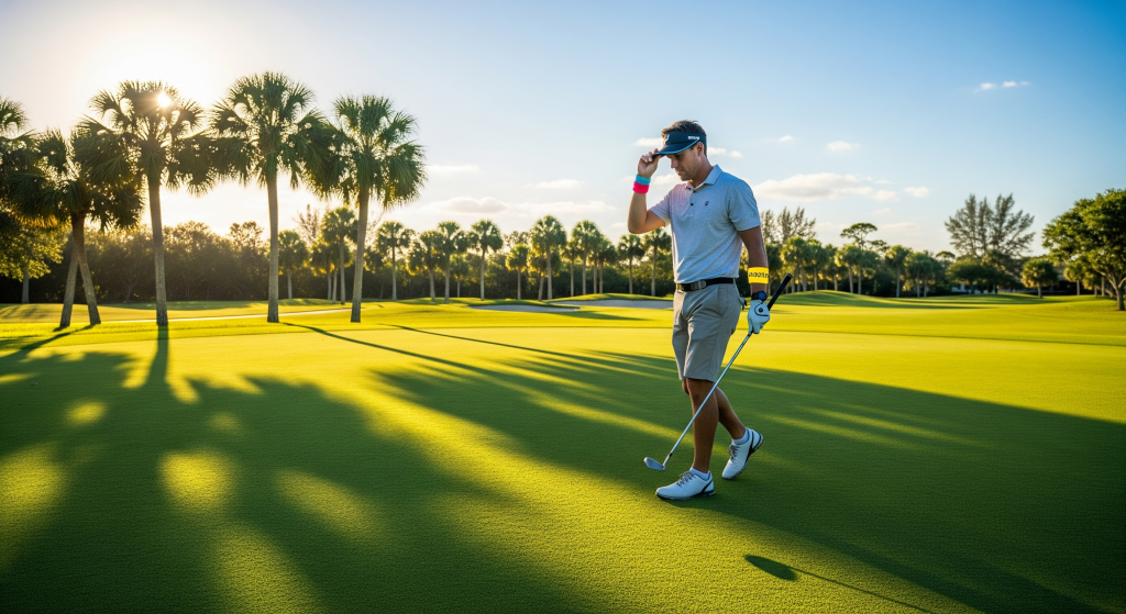 Golfer walking across the green at sunset with club in hand.