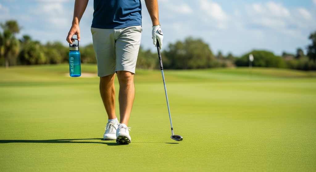 Golfer walking on the green holding a putter and water bottle.