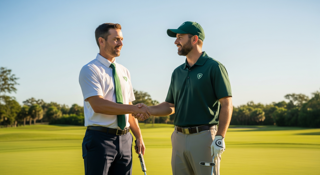 Two golfers shaking hands on the course after a game.