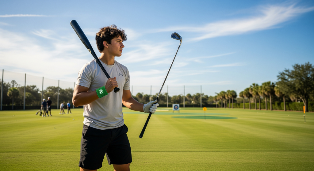 Teen golfer holding a baseball bat and golf club on the driving range.