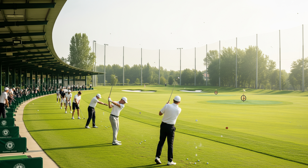 Crowded driving range with golfers practicing swings during a morning training session.