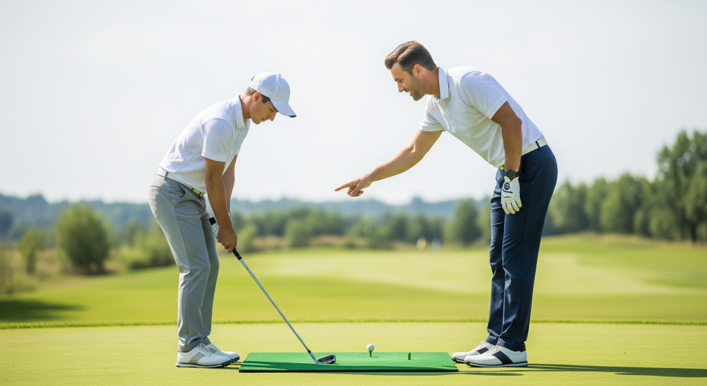 Golf instructor pointing to help a student adjust their swing stance on the practice green.