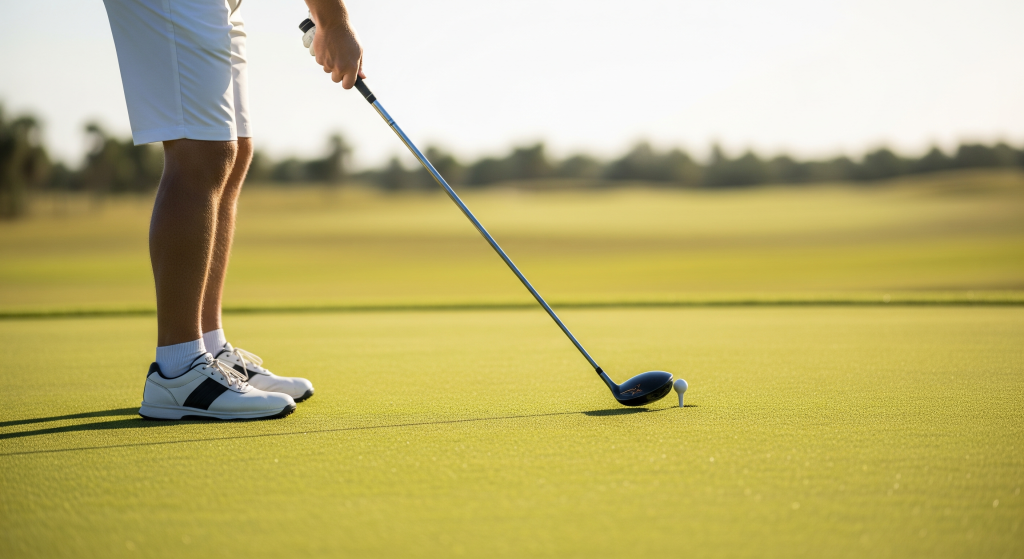 Close-up of a golfer addressing a teed golf ball with a driver on the fairway.