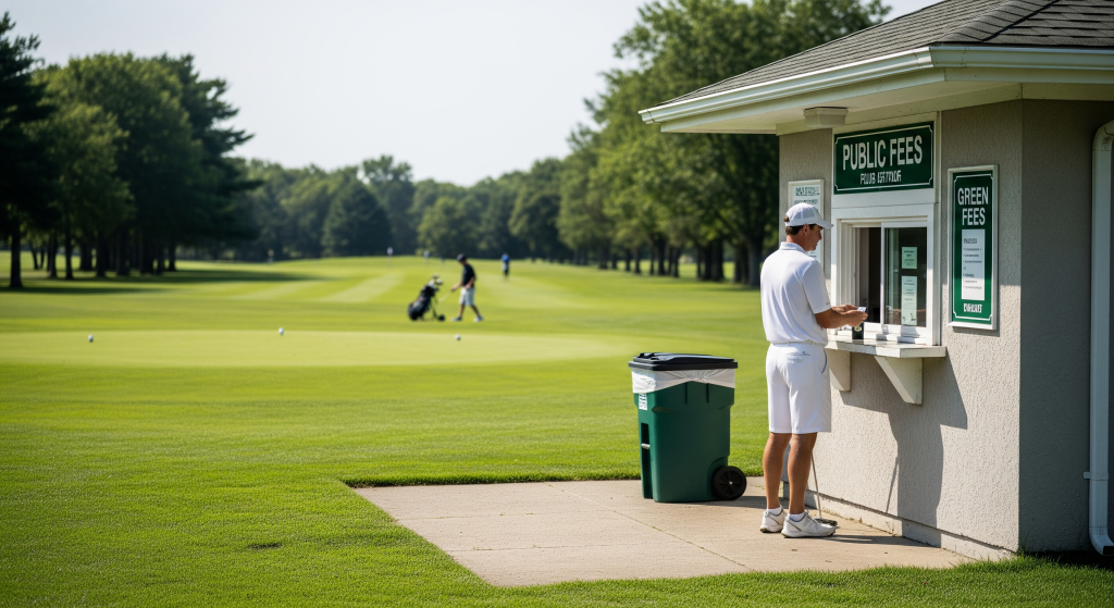 Golfer purchasing a round at the clubhouse green fees window.