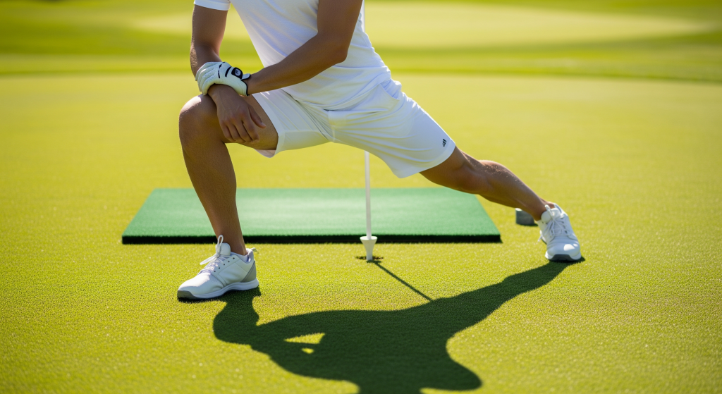 Golfer performing a stretching warm-up routine on the practice green.