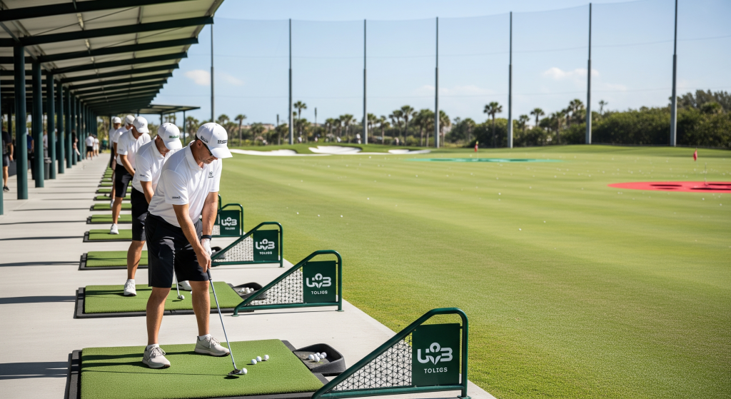Golfers practicing at individual driving stations during a structured group training session.