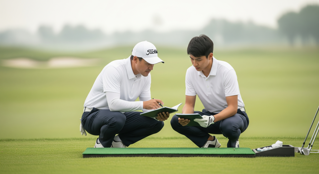 Golf coach reviewing notes and drills with a student on the practice area.