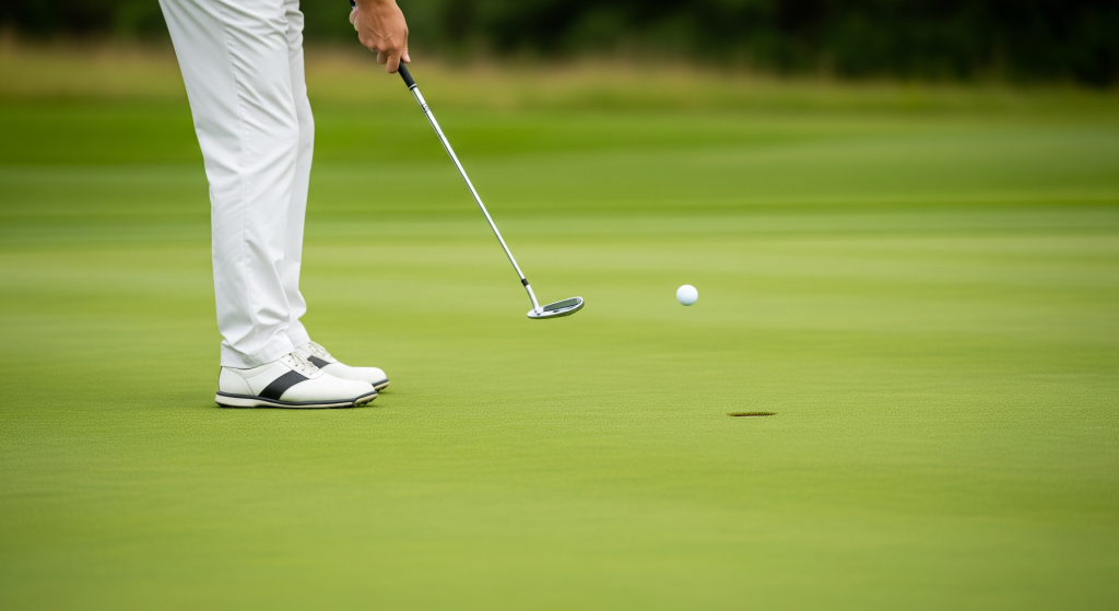 Golfer putting as the ball rolls toward the hole on a smooth green.