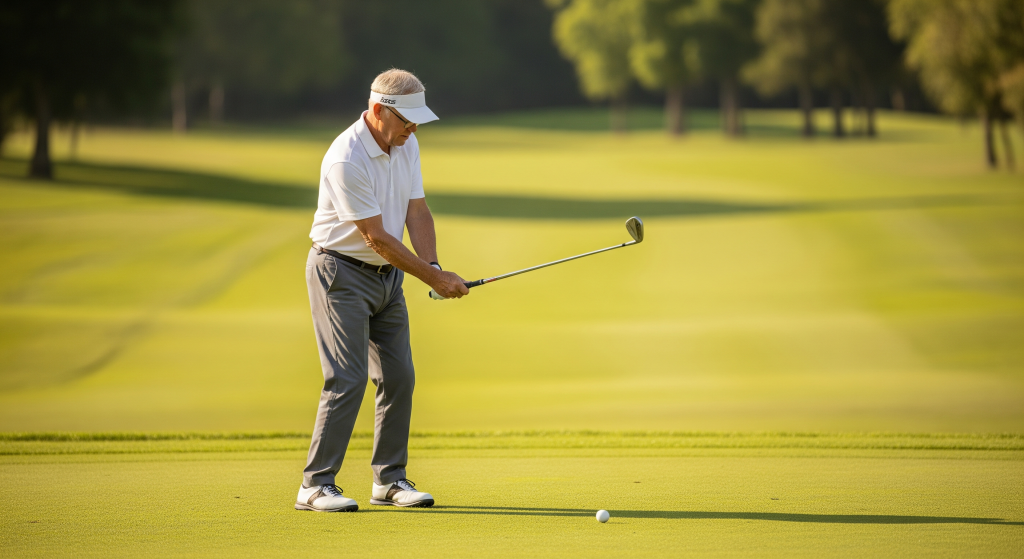 Senior golfer practicing a chip shot on a bright, open golf course.