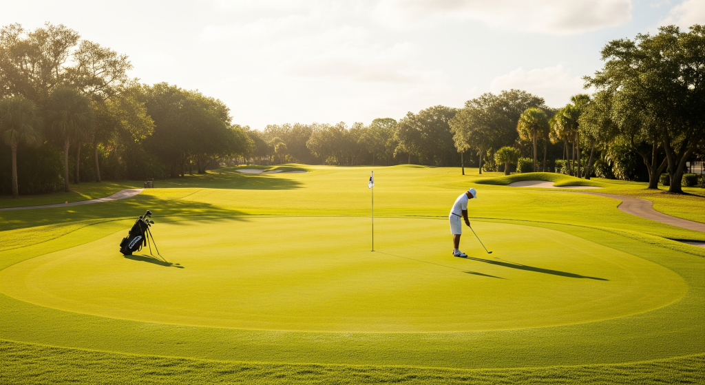 Golfer putting alone on a scenic green during a warm sunset.
