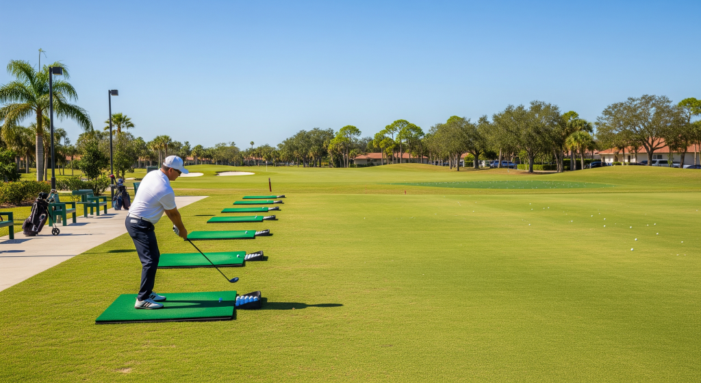 Golfer practicing swings at a driving range lined with turf hitting stations.