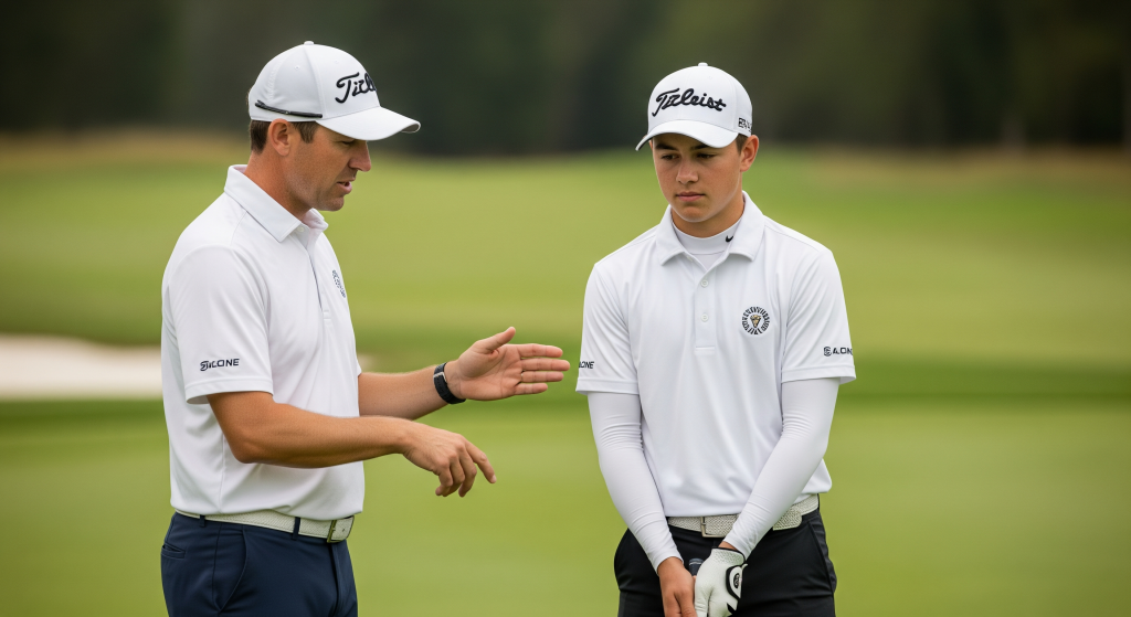 Golf instructor explaining technique to a student during a lesson.