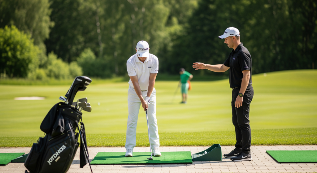 Instructor coaching a golfer on stance and setup at a driving range.