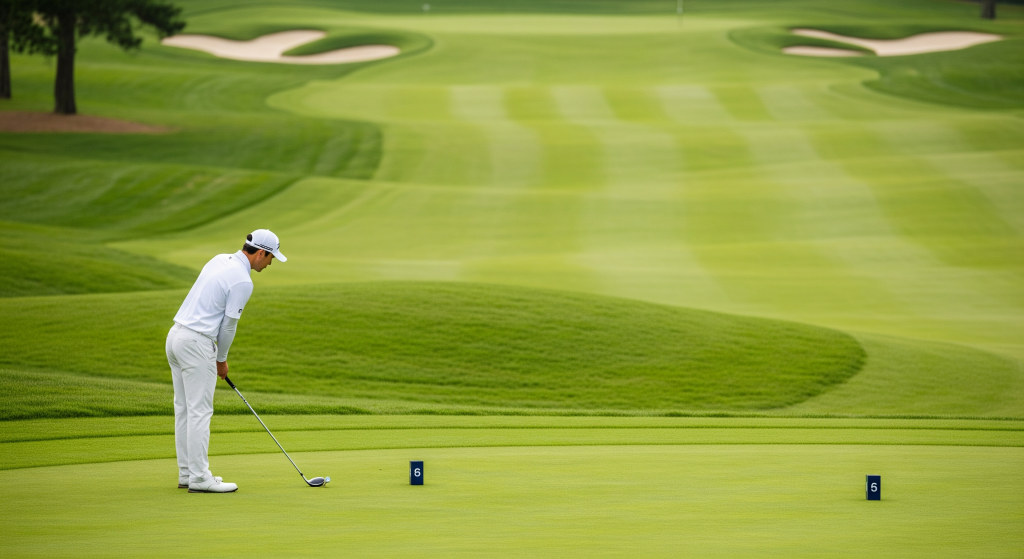Golfer preparing for a tee shot with rolling fairways in the background.