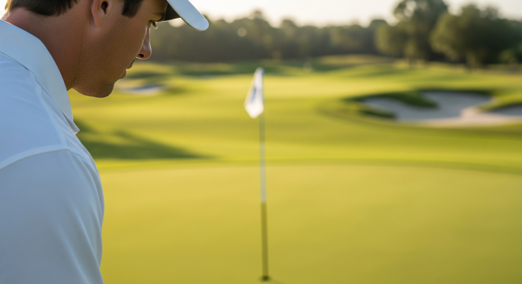 Close-up of golfer studying a putting line on a sunny green.