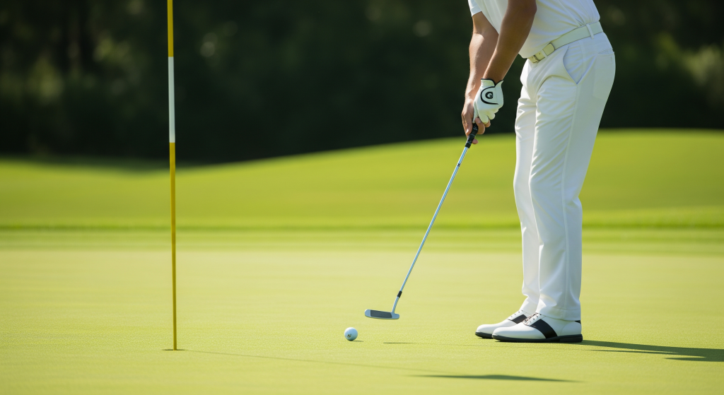Golfer putting toward the hole with the flagstick in view.