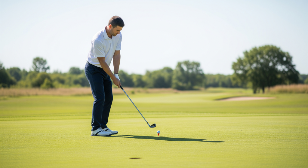 Golfer addressing a teed golf ball with an iron on a bright day.