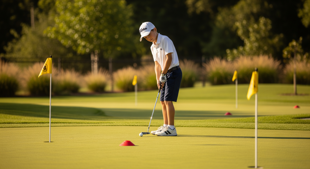 Junior golfer practicing putting on a training green with multiple flags.