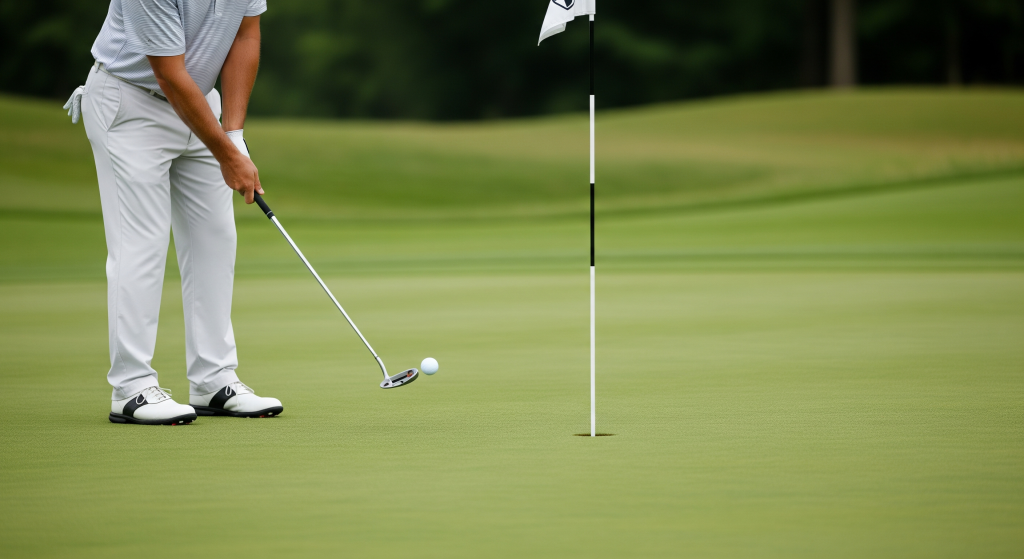 Golfer putting the ball toward the hole on a smooth green.