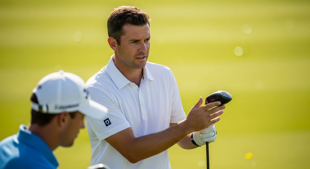 Golf instructor explaining clubface position during a lesson.