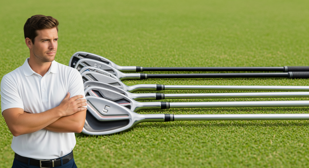 Golf instructor standing next to a set of irons on the grass.