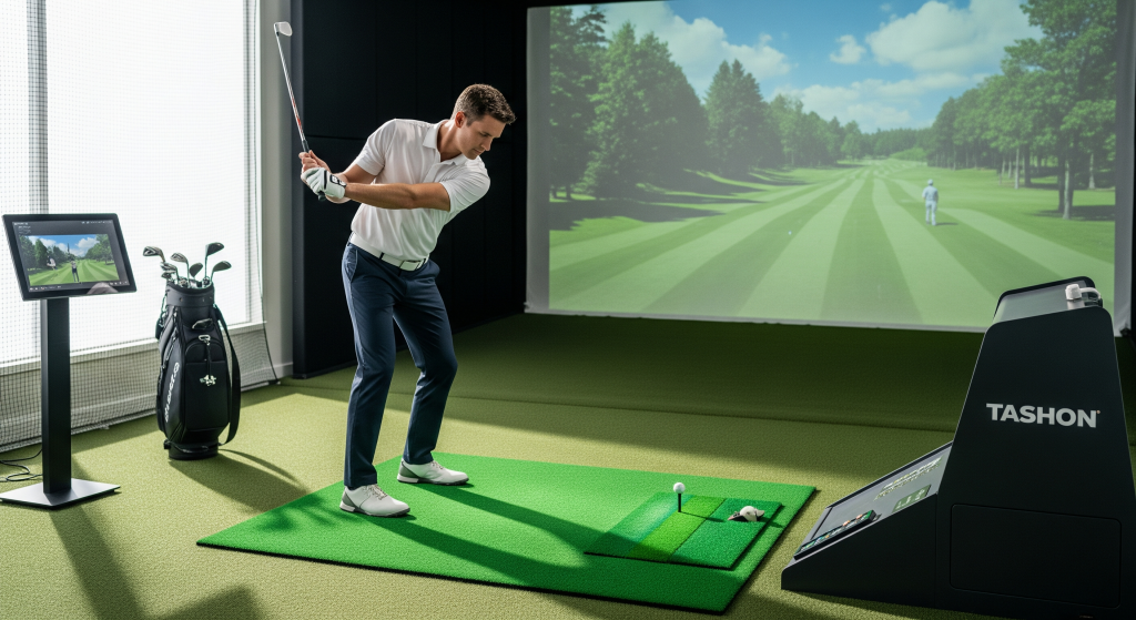 Golfer practicing with an indoor golf simulator during a lesson.