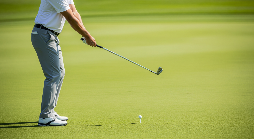 Golfer setting up for an iron shot on a well-maintained golf course.