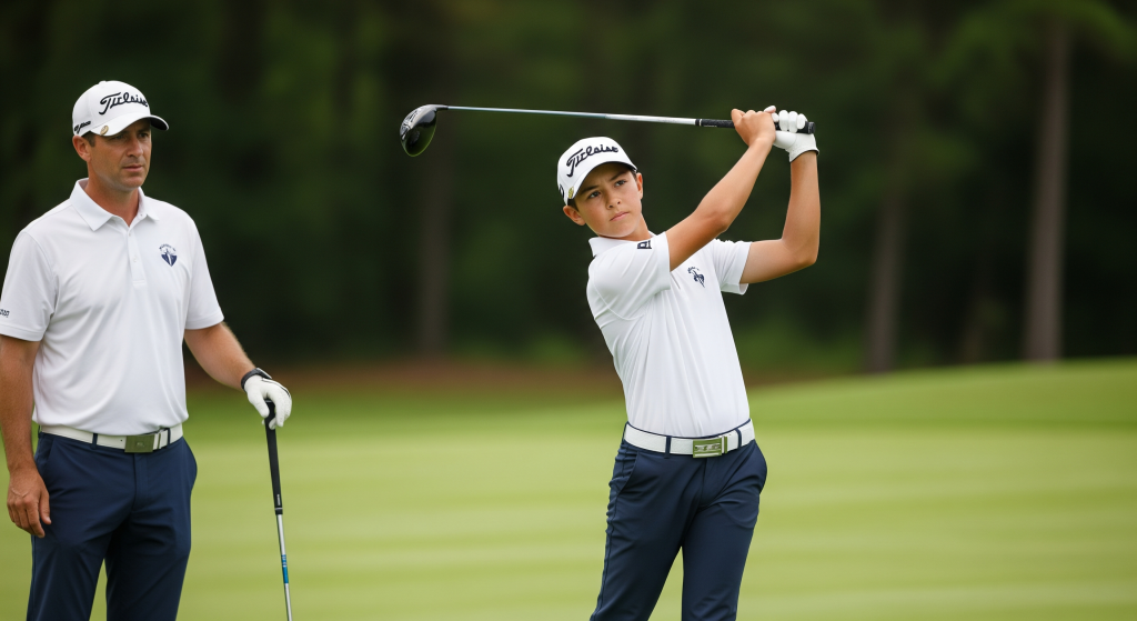 Junior golfer completing a full swing while an instructor observes.