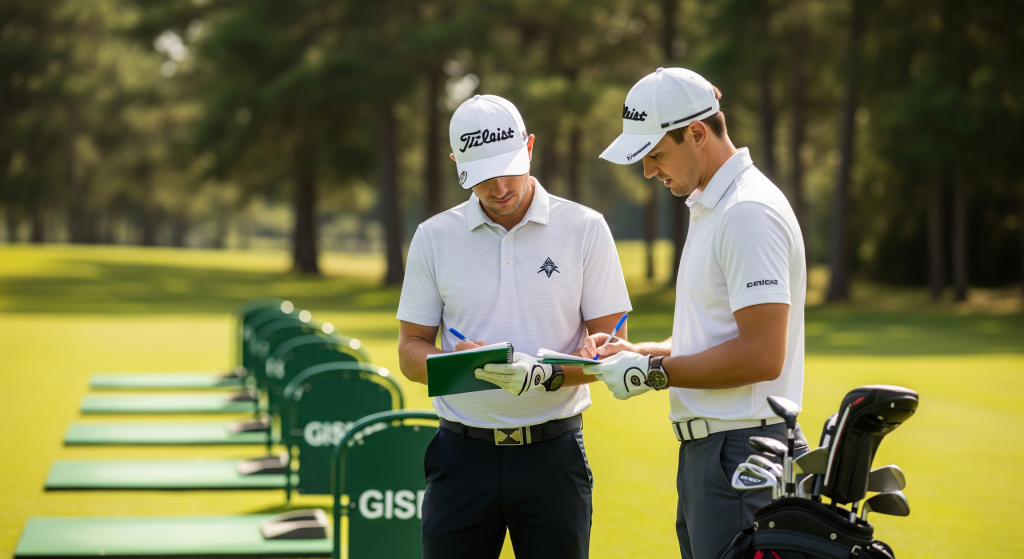 Golf instructors reviewing notes at a driving range.
