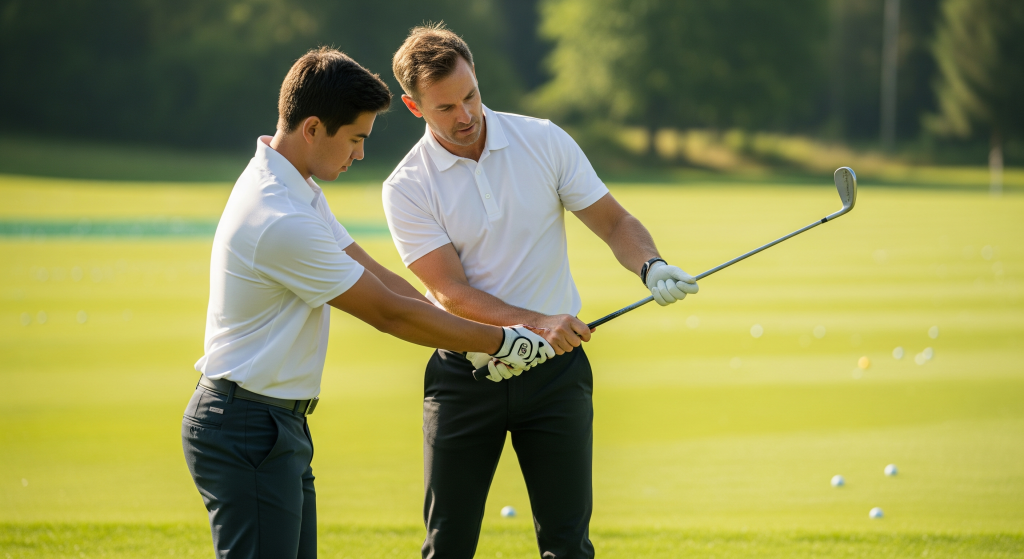 Golf instructor guiding a student through an iron swing technique.