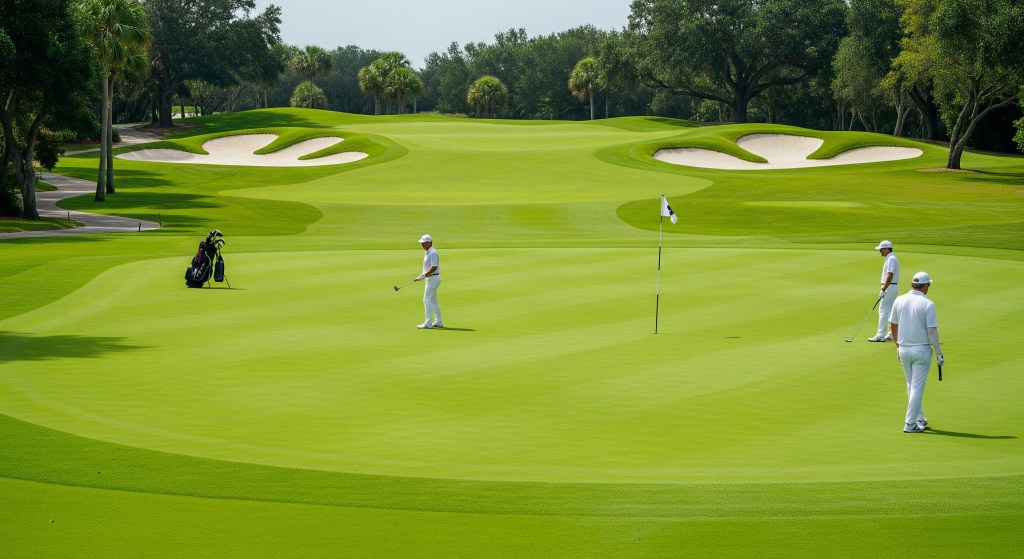 Golfers practicing putting on a large green with multiple holes.