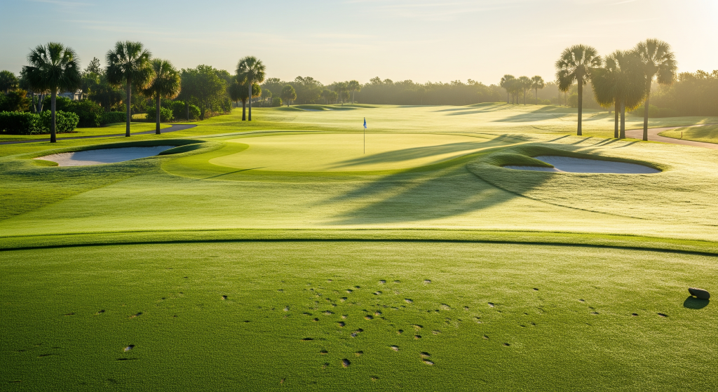 Empty Florida putting green in early morning light