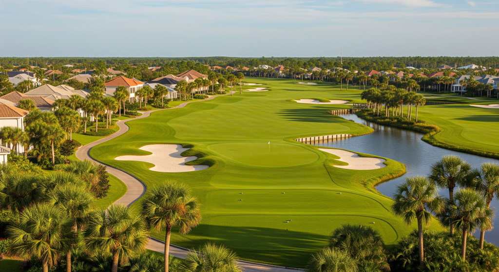 Aerial view of a Florida golf course with greens, bunkers, and water hazards