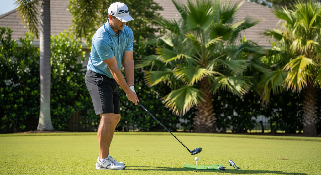 Golfer practicing a tee shot during a professional golf lesson in Florida